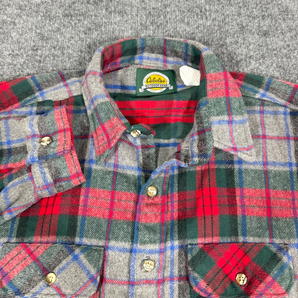 Vtg Cabelas Flannel Plaid Button Down Mens XL Tall Red Green Cotton Made in USA